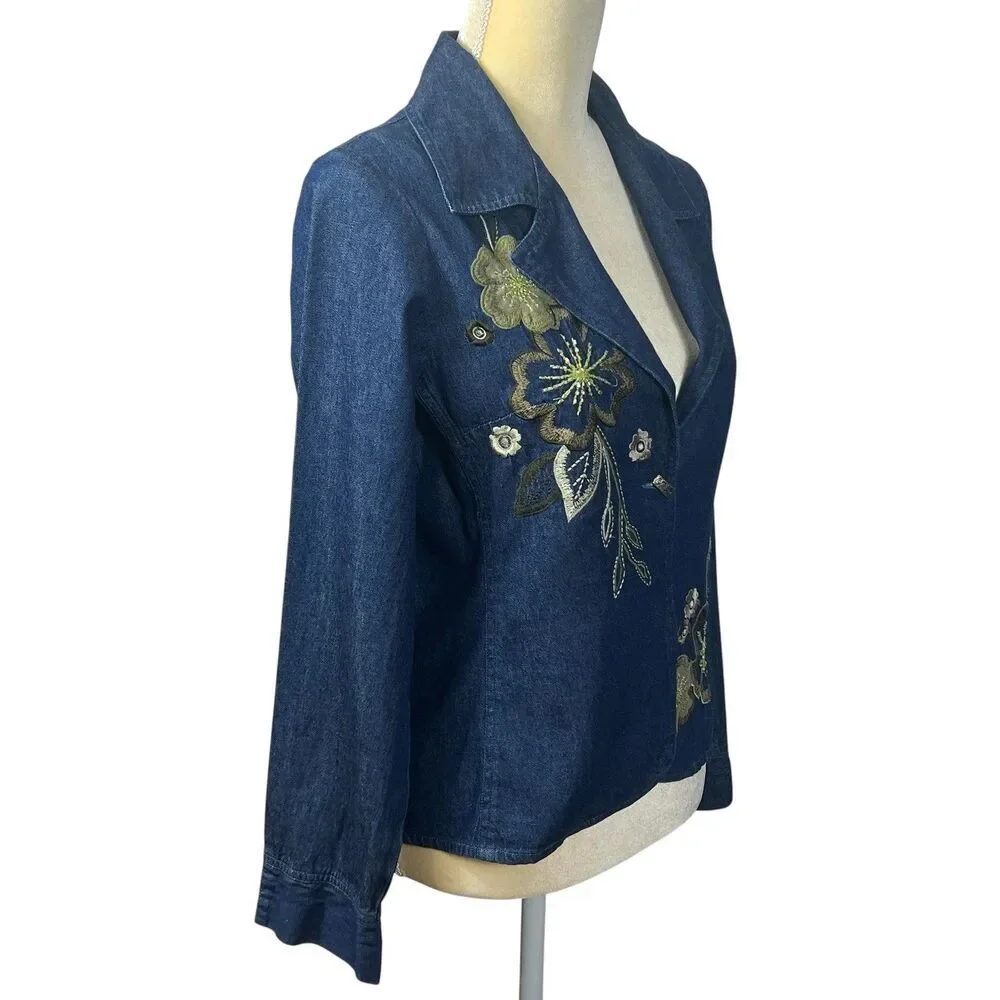 Tantrums Women's PS Blue Denim Floral Embroidered Beaded Blazer Jacket Cotton - Picture 8 of 14